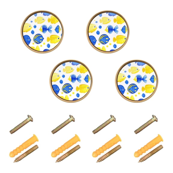 Gold and Blue Fish Design Cabinet Furniture Knobs Drawer Metal Pulls 1.26in Acrylic Zinc Alloy Dual Screw Set