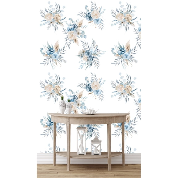 Gold and Blue Florals Wallpaper Peel and Stick 10'L x 24''W