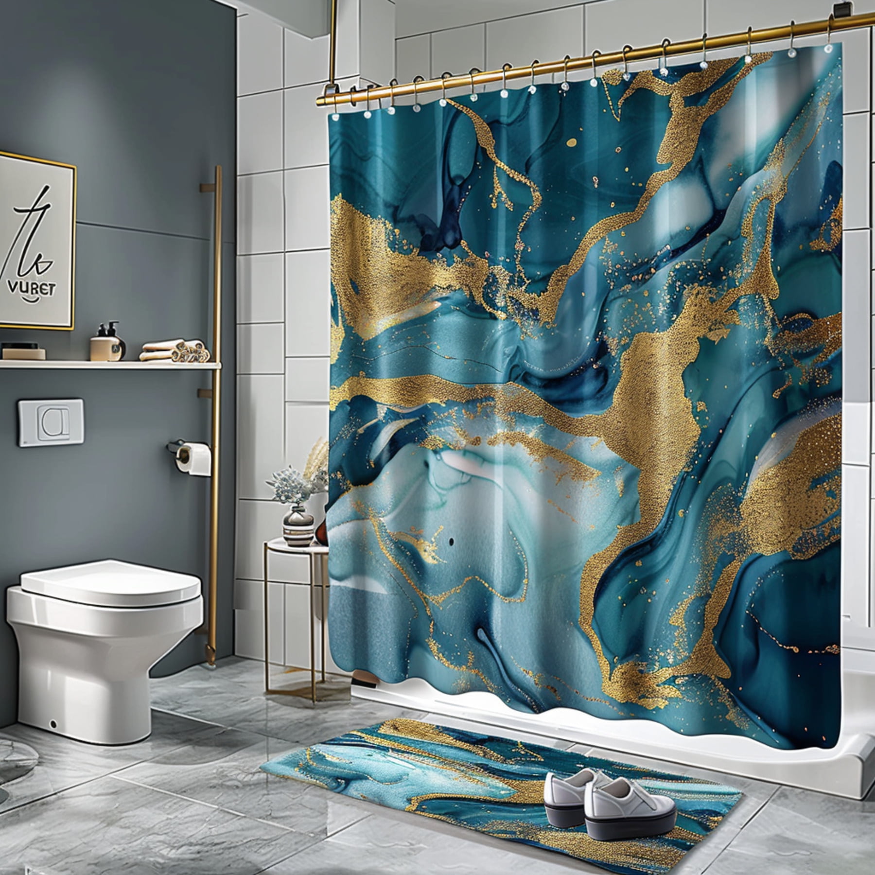 Gold and Blue Marble Bathroom Set with Seagull Watercolor Print Navy