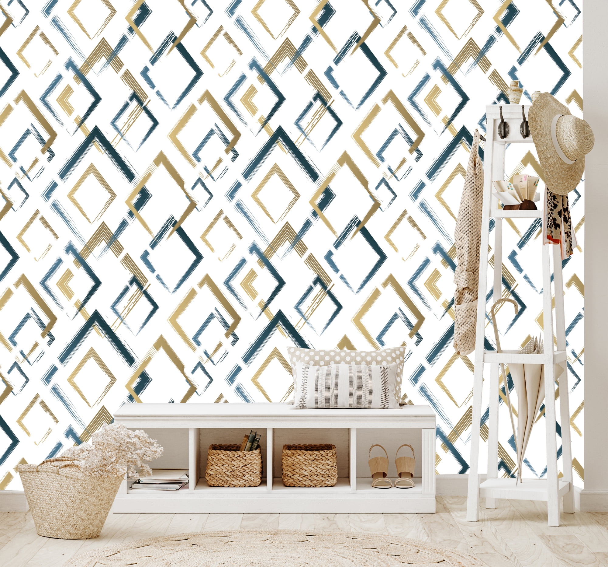 Gold and Blue Modern Shape Peel and Stick Wallpaper 10'L x 24''W