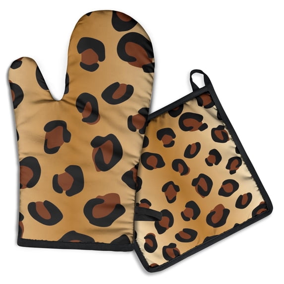 Gold and Brown Of Leopard Print Kitchen Oven Mitt and Pot Holder Sets 2 Pcs for Baking, Cooking and Grilling, Heat Resistant Up To 392 °F