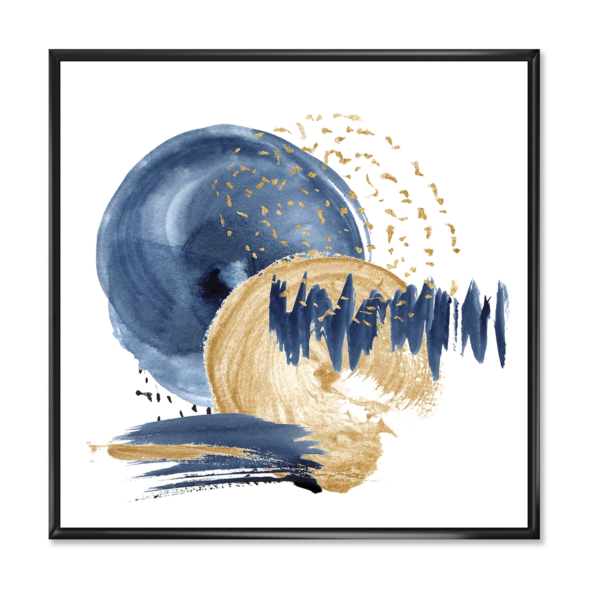 Gold and Dark Blue Abstract Circle Ocean Texture 30 in x 30 in Framed Painting Canvas Art Print, by Designart