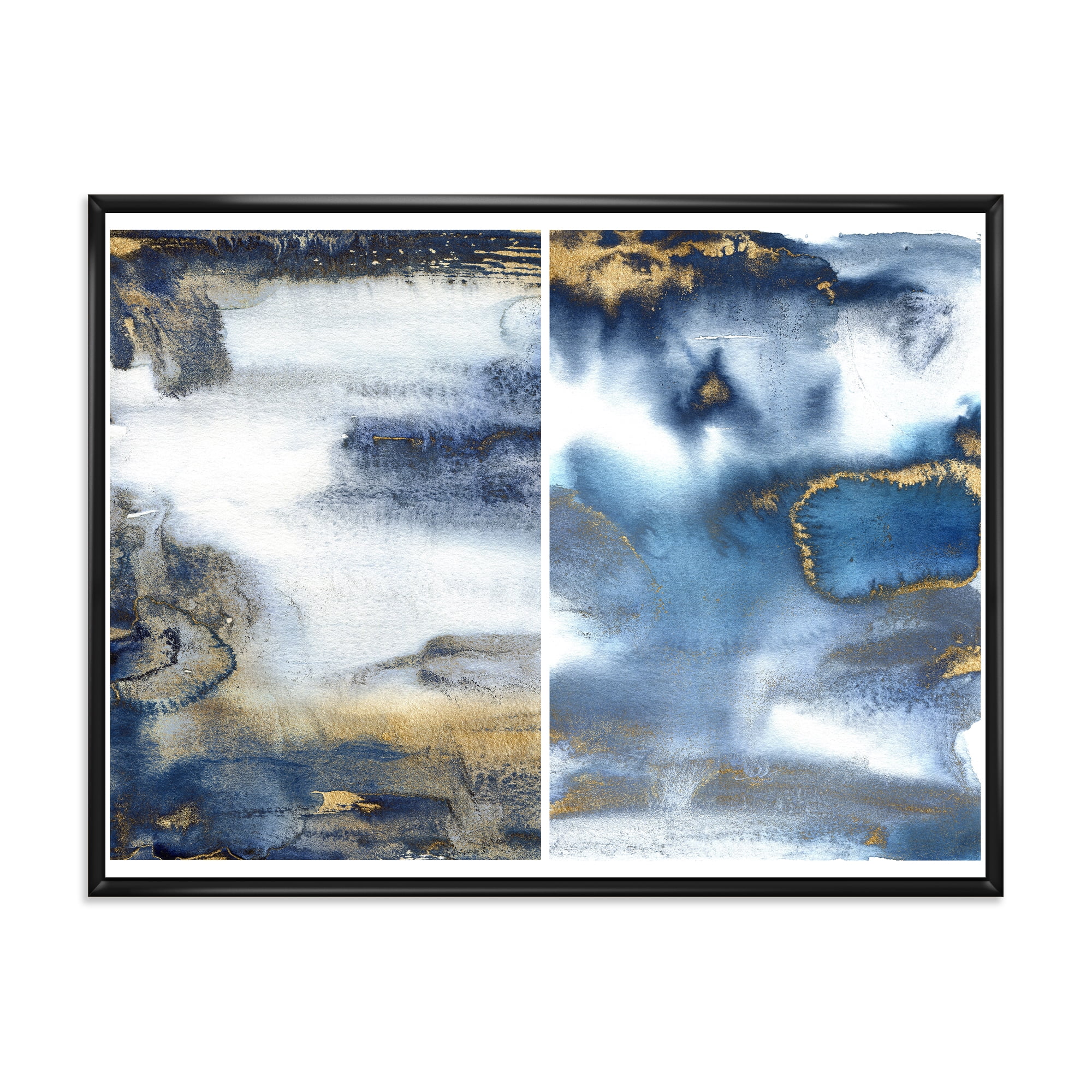 Gold and Dark Blue Abstract Waves I 32 in x 24 in Framed Painting Canvas Art Print, by Designart