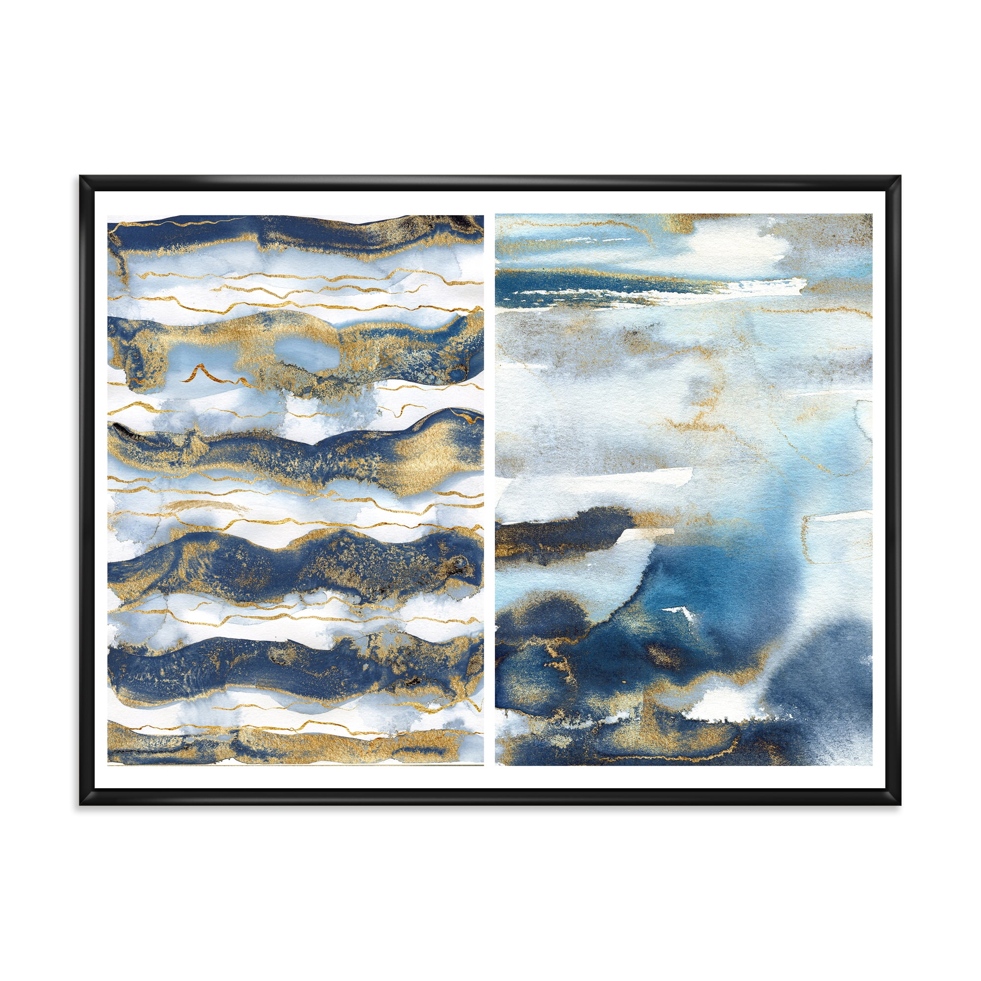 Gold and Dark Blue Abstract Waves II 20 in x 12 in Framed Painting Canvas Art Print, by Designart