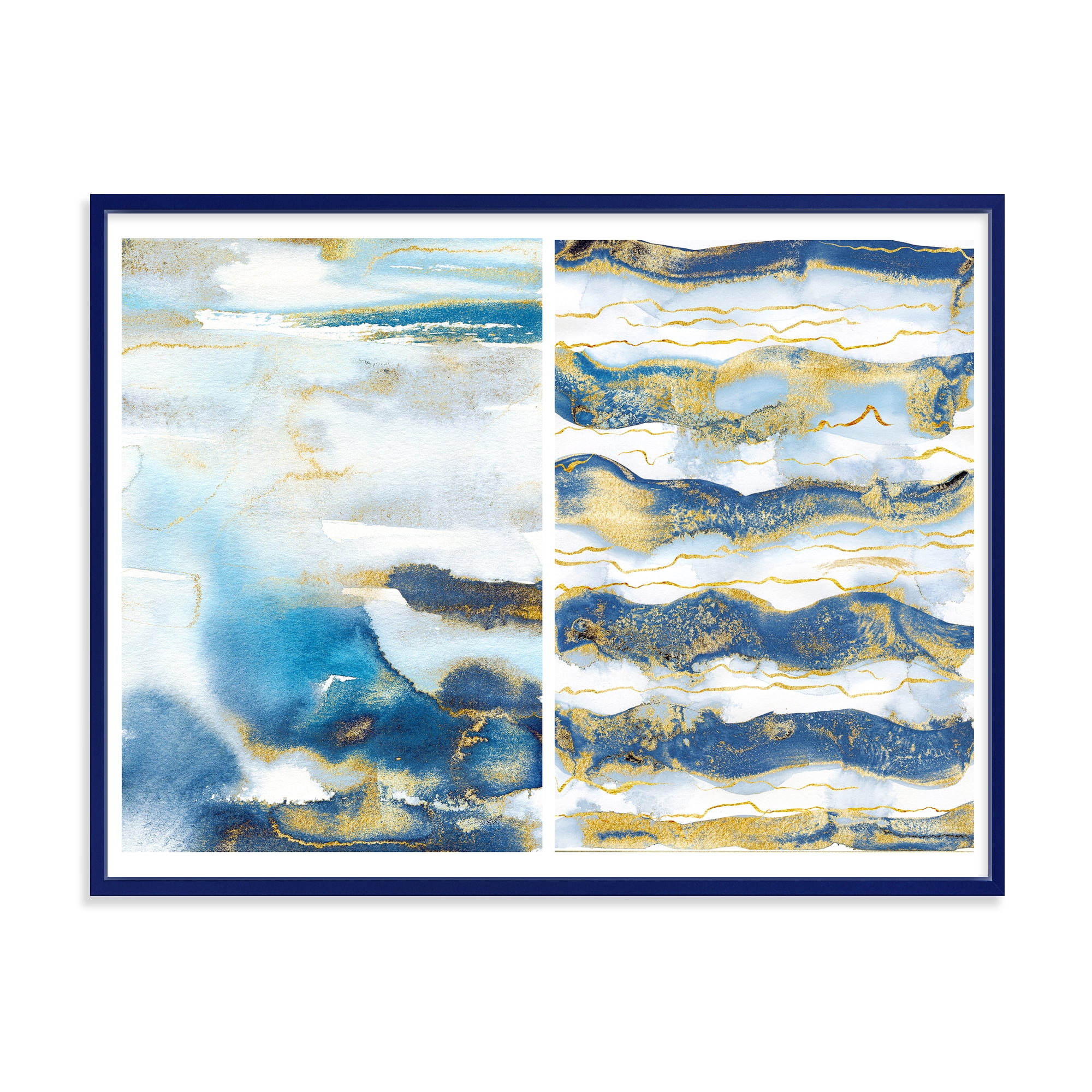 Gold and Dark Blue Abstract Waves II 40 in x 30 in Framed Painting Canvas Art Print, by Designart