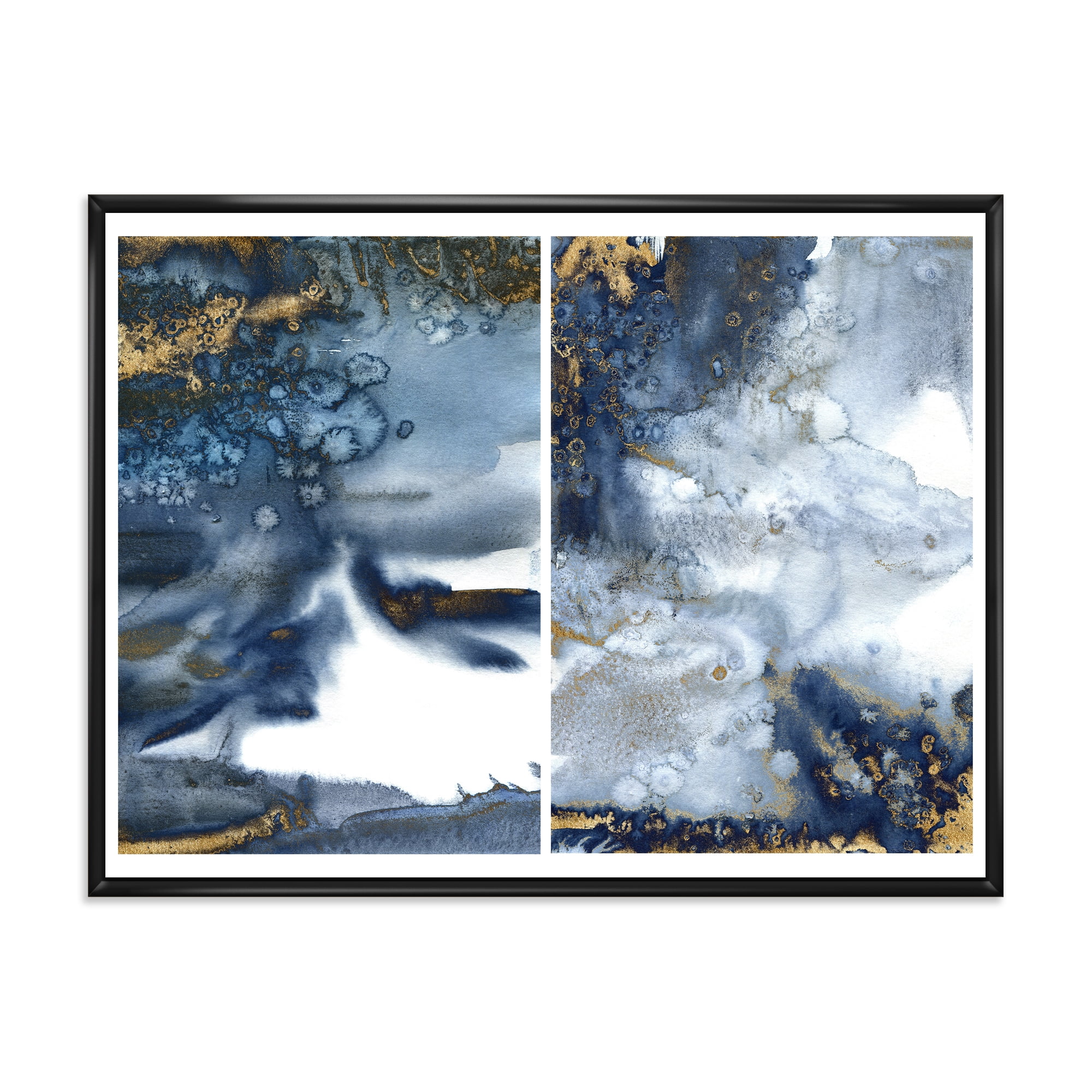 Gold and Dark Blue Abstract Waves IV 32 in x 24 in Framed Painting Canvas Art Print, by Designart