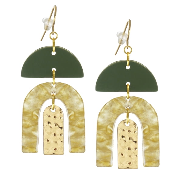 Gold and Green Acrylic Boho Statement Earrings, Hypoallergenic Ear Wires