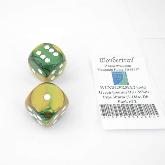Gold and Green Gemini Dice with White Pips 30mm (1.18in) D6 Pack of 2 Wondertrail