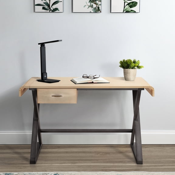 Gold and Grey Office Desk, X-Shape Base for Durability / User-Friendly Drawer Design