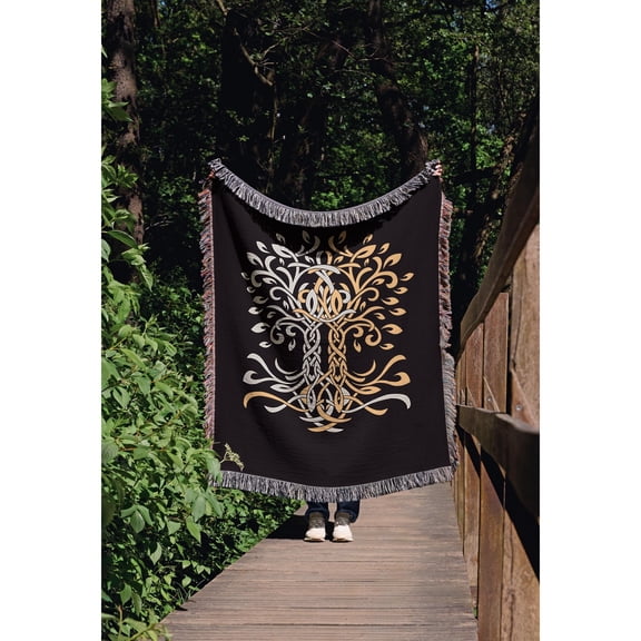 Gold and Ivory Celtic Knot Tree on Black Woven Throw Blanket, 100% Cotton, Fringed Edges, Bench Accent