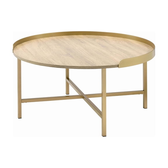 Gold and Oak Finish Round Accent Table, Cross Base Coffee Table for Contemporary Living Room