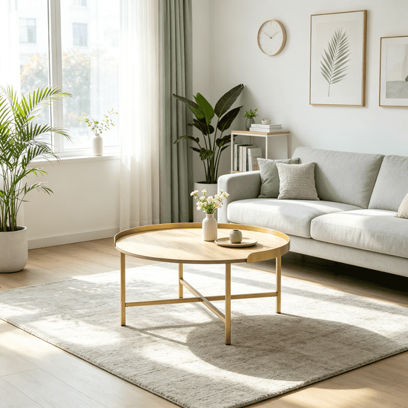 Gold and Oak Finish Round Accent Table, Cross Base Coffee Table for Contemporary Living Room