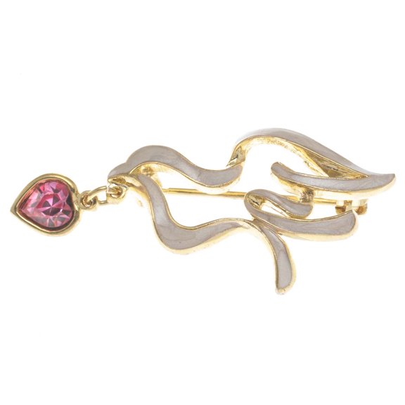 Gold and Pink Enamel Dove Pin with Heart Crystal Charm