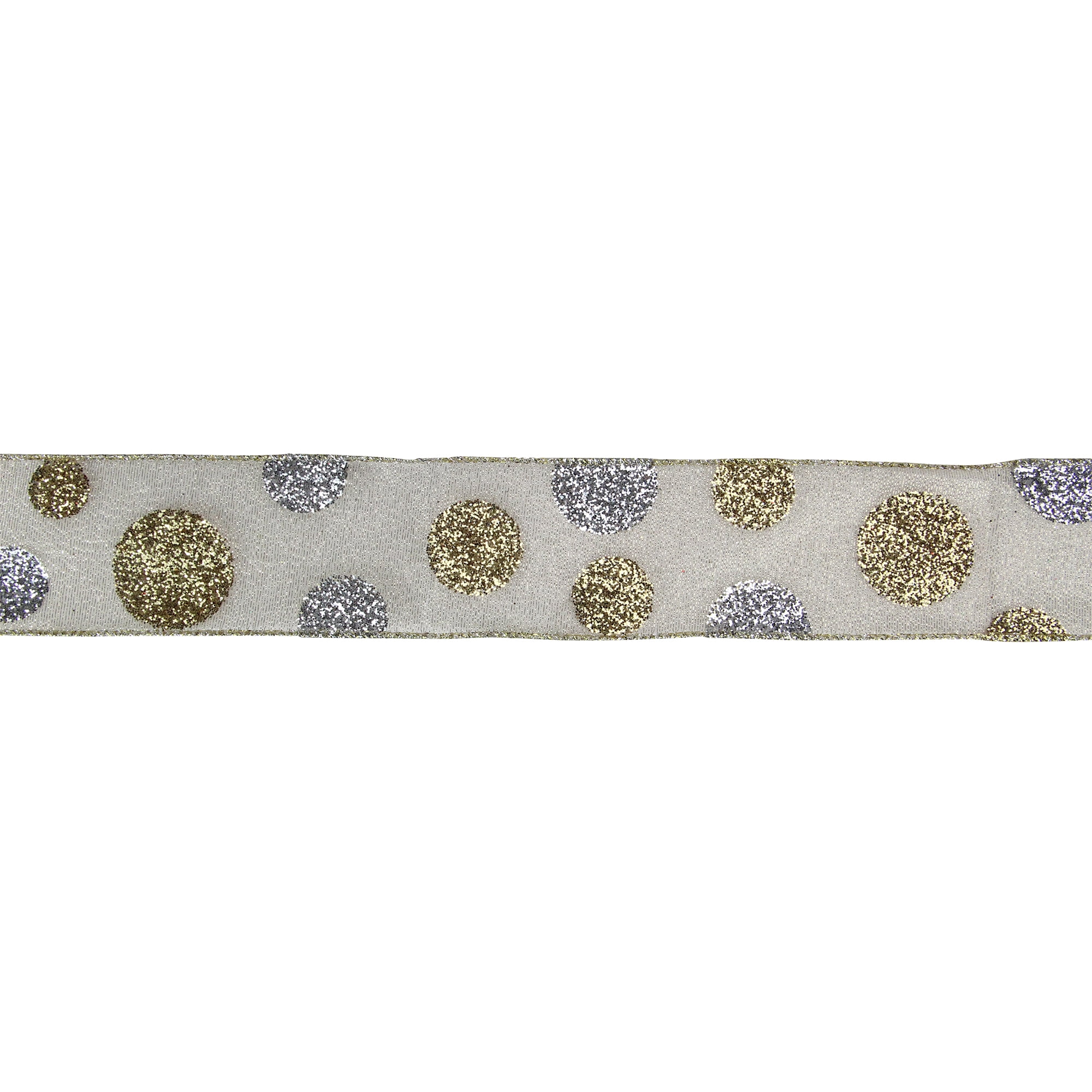 Northlight Glitter Gold and Silver Polka Dotted Christmas Wired Ribbon 2.5" x 16 Yards