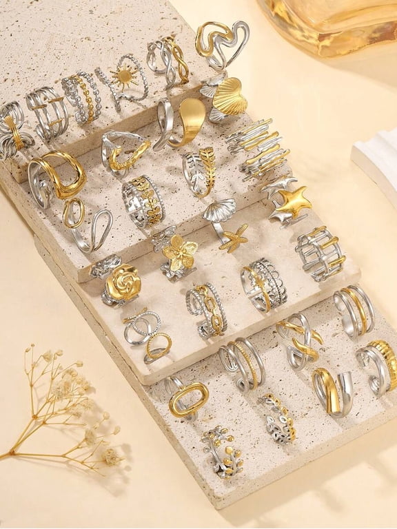 Gold and Silver Two-Tone Stainless Steel Stacking Ring Set 24 Pieces