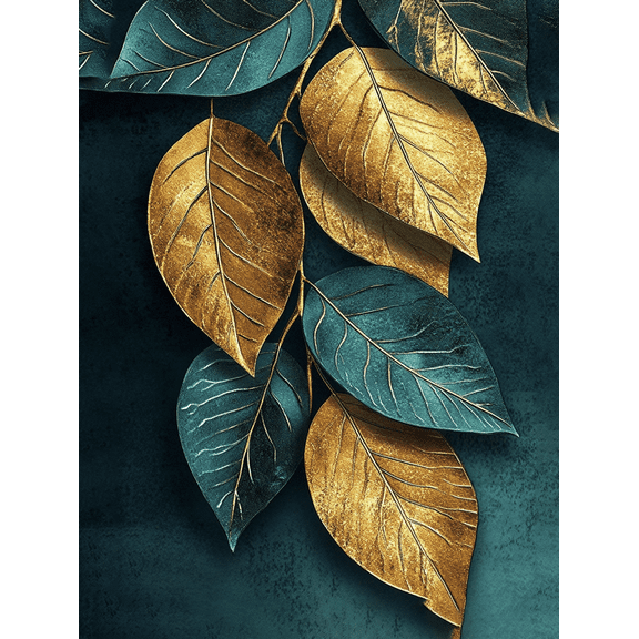 Gold and Teal Leaves Wall Art Canvas Painting Suitable for Living Room Bedroom Office Dining Room and Hallway Decoration.