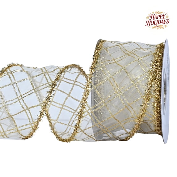 Gold and White Cloth Christmas Ribbon, 10 Yards x 2.48 Inches, Wired Edge, for Gift Wrapping, Wreath, Tree Decor