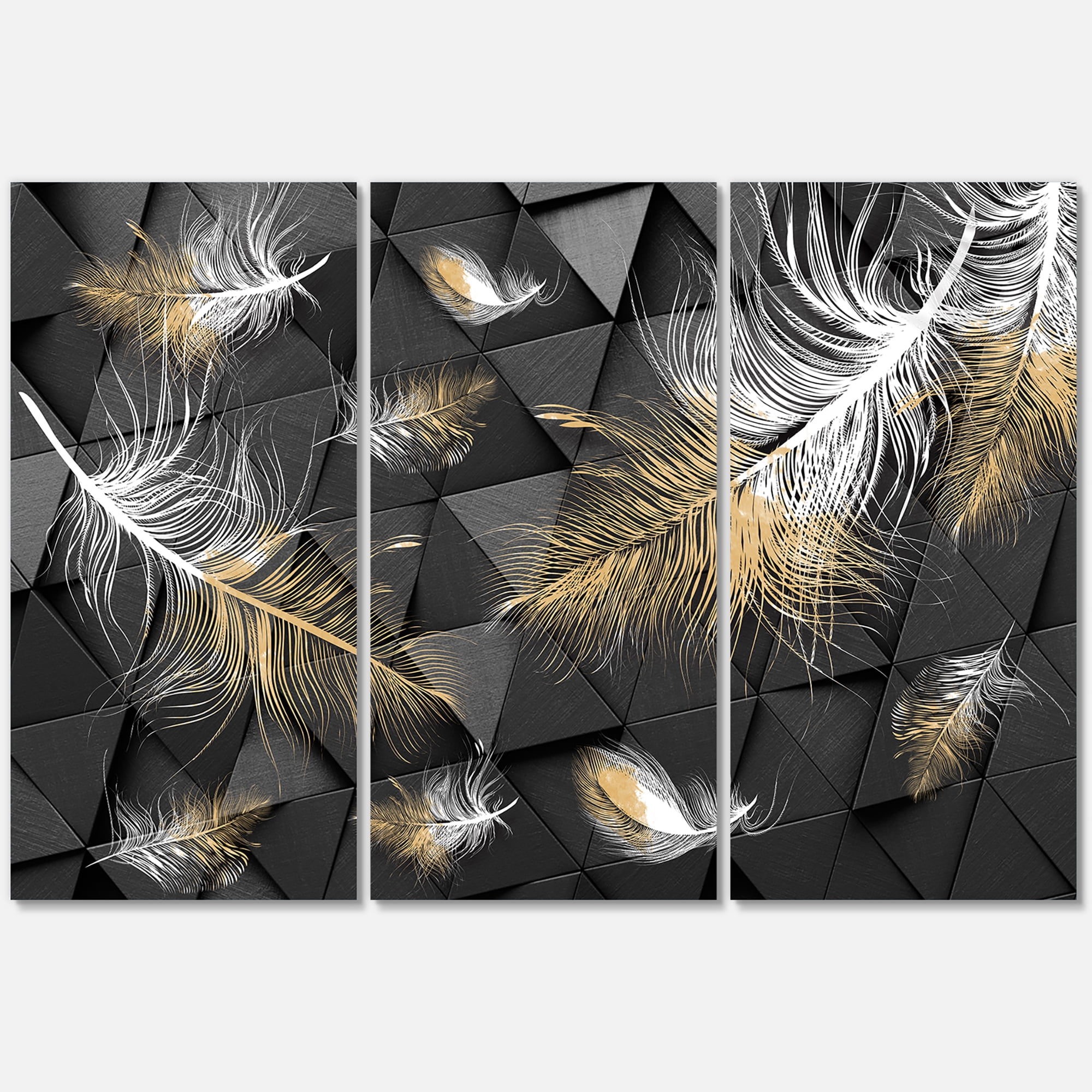 Gold and White Feathers On Triangular 28 in x 36 in Painting Canvas Art Print, by Designart