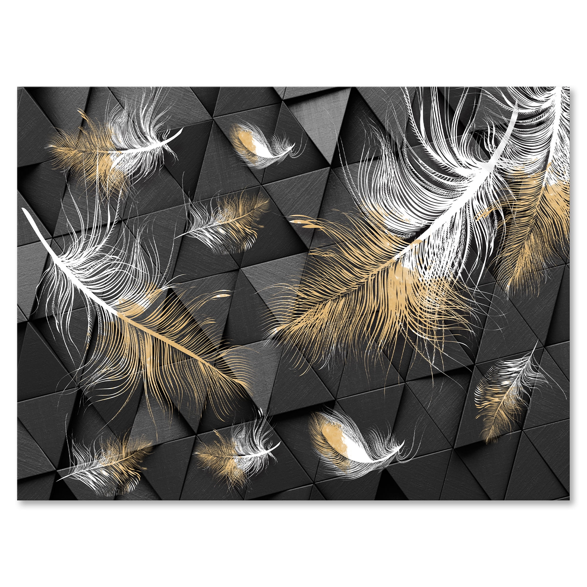 Gold and White Feathers On Triangular 8 in x 12 in Painting Canvas Art Print, by Designart