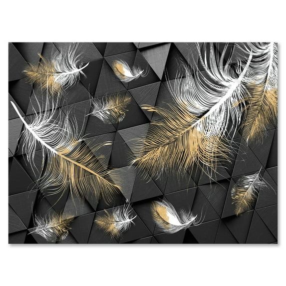 Gold and White Feathers On Triangular 8 in x 12 in Painting Canvas Art Print, by Designart