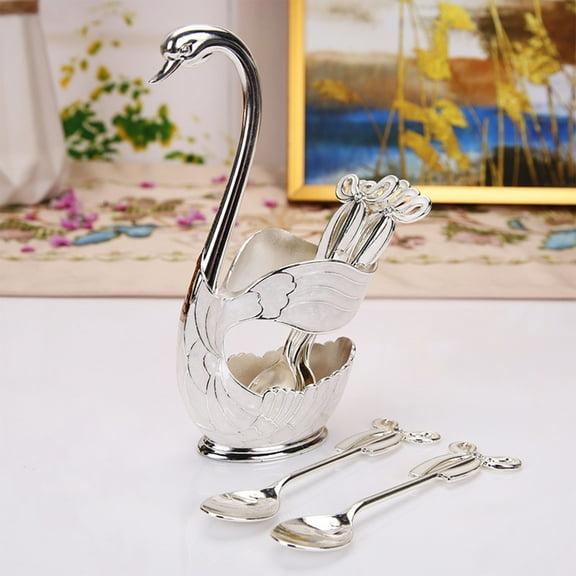Gold and White Metal Swan Base with 6 Decorative Spoons, Elegant Table Centerpiece and Gift Set