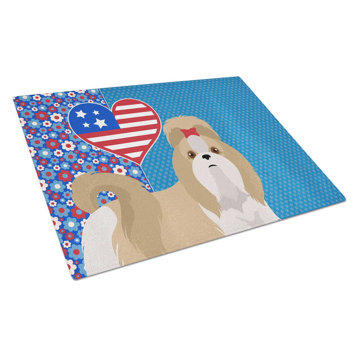 Gold and White Shih Tzu Glass Cutting Board Large 12 in x 15 in