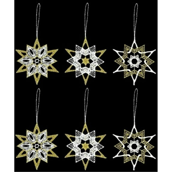 Gold and White Stars German Lace Christmas Tree Ornaments Set of 6 Snowflakes