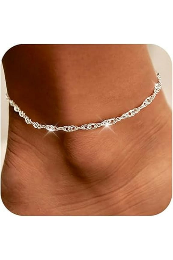 Gold ankle bracelet for women, 14k gold-plated silver ankle bracelet for women, fashionable, cute and exquisite twisted chain, can lower allergic, waterproof ankle bracelet beach jewelry gift - silve