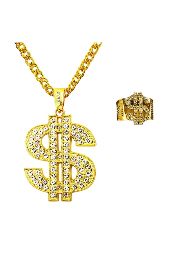 Gold chain dog collar with adjustable Cuban chain dog necklace with crystal dollar sign pendant