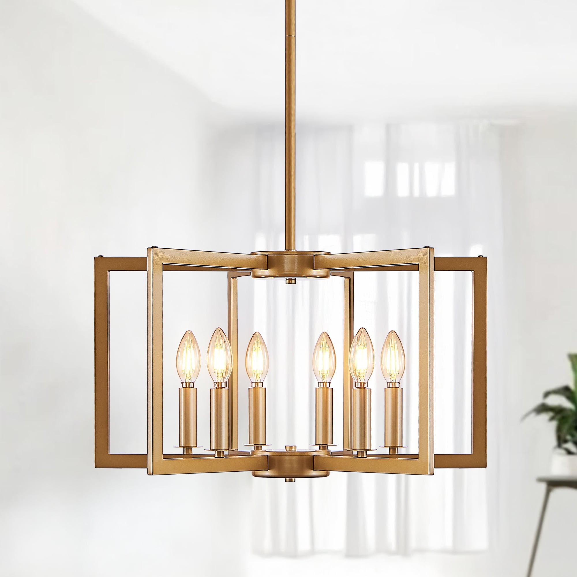 Gold chandeliers for dining room, 6-Light Geometric Modern Farmhouse Hanging Metal for Kitchen Island Pendant Lights Fixture