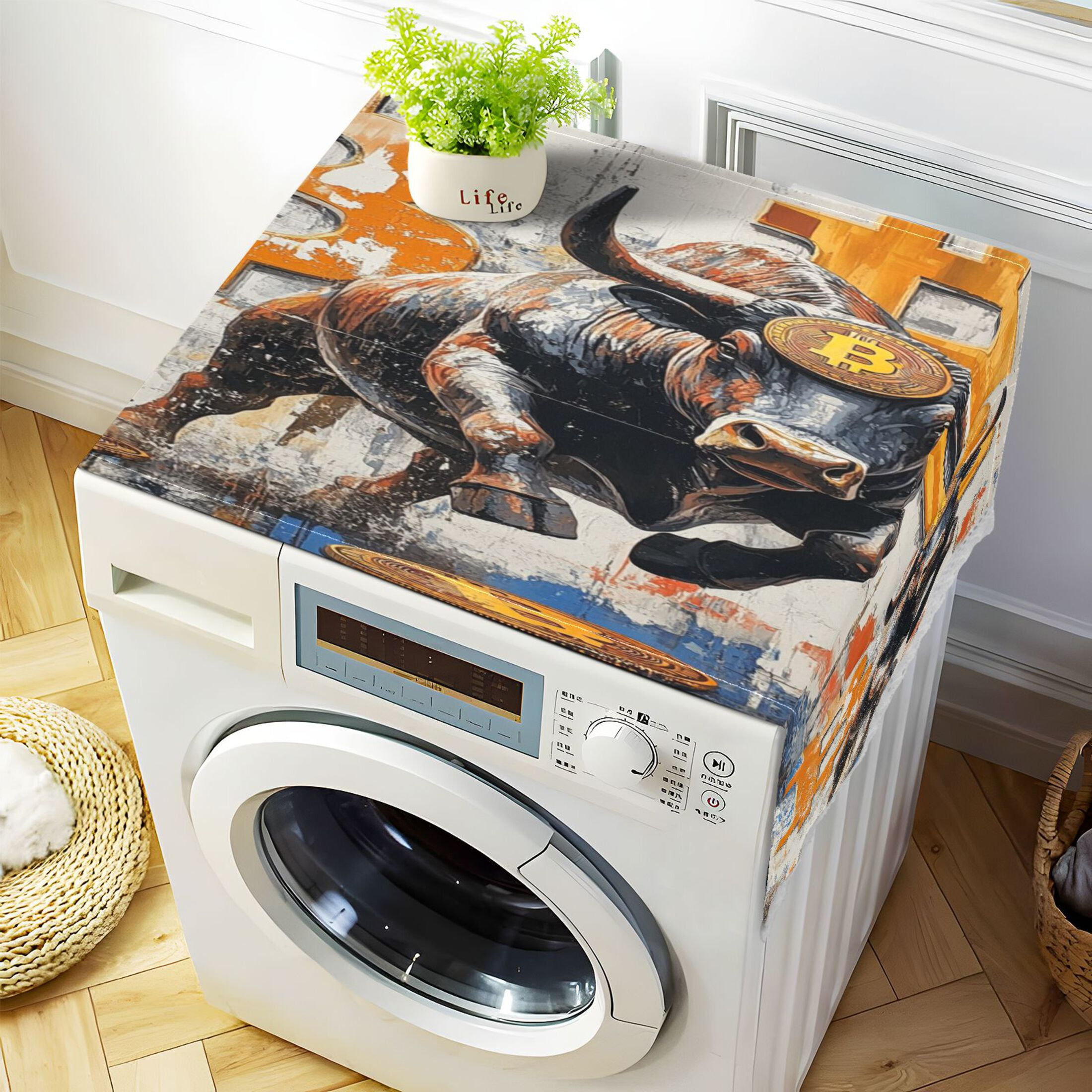 Gold-coin CowWasher and Dryer Covers Dust-Proof and Oil Resistant Fridge Cover with 4 Storage Pockets Washing Machine Top Cover for Laundry Kitchen Home 51.2 x 22 In