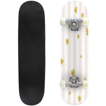 Gold glittering heart confetti seamless pattern on striped background Outdoor Skateboard Longboards 31"x8" Pro Complete Skate Board Cruiser