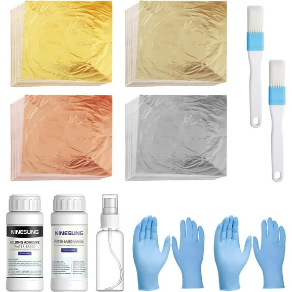 Gold leaf kit | Gold plated adhesive and varnish 4 colored gold leaf 100 pieces. For crafts, paintings, furniture and decorations