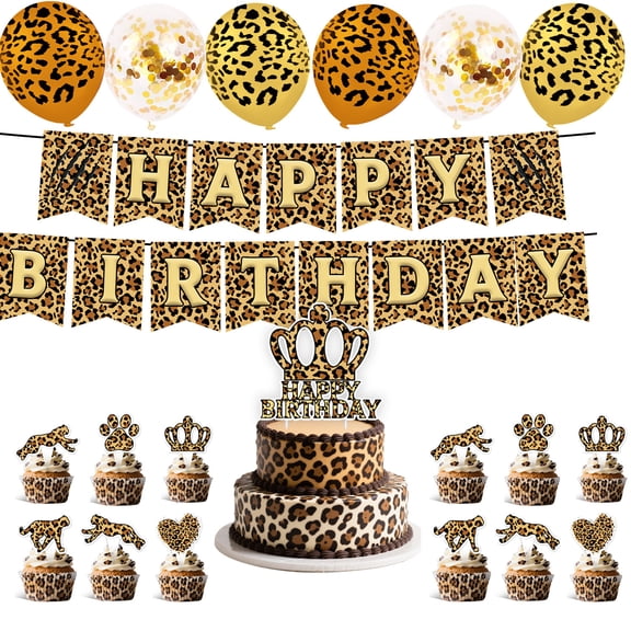 Gold leopard print themed birthday party supplies for girls. The party set includes a banner, balloons, and cake decorator.