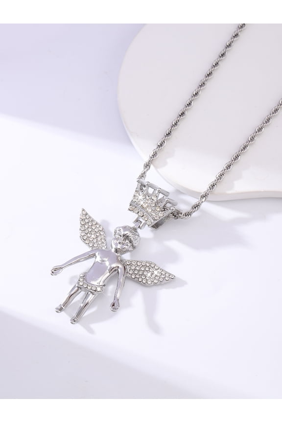 A silver Cuban chain with a diamond-encrusted little angel pendant, boasting a hip-hop style – ideal for wearing during outings, 2025 new arrival.