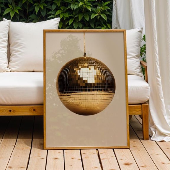 Gold mirrorball disco poster featuring beige trendy typographic music aesthetic illustration Wall Art Decor 8x12 UNFRAMED