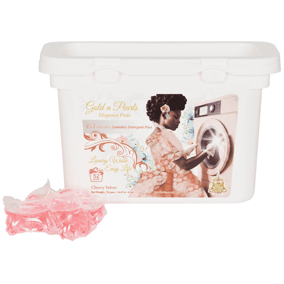 Gold n Pearls Laundry Pods, Cherry Velvet Scent, Stain Remover, Antibacterial Cleaner & Fabric Softener, 52 Count - Superior Cleaning & Long Lasting Freshness