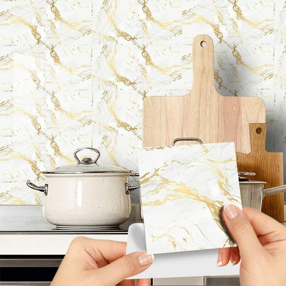 Gold pattern wall stickers tile sticker, 9PCS Peel and Stick Backsplash Marble Look Self Adhesive Wall Tile Back Splashes for Kitchen Bathroom Colorful Tiles