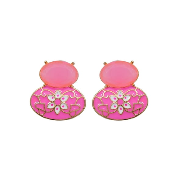 Gold-plated Sterling Oval Shape Meenakari Studd Pink Drop & Dangler Earrings