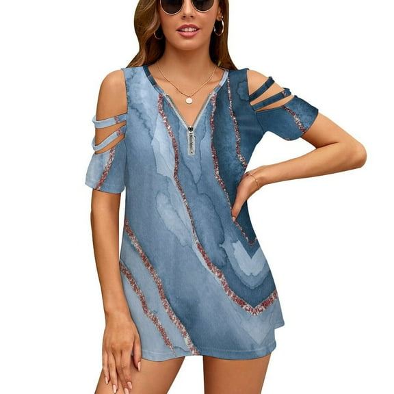 Gold stripes dark blue marble Womens Summer V Neck Zipper Top Short Sleeve T Shirt Off Shoulder Top Casual Classy Loose Shirts