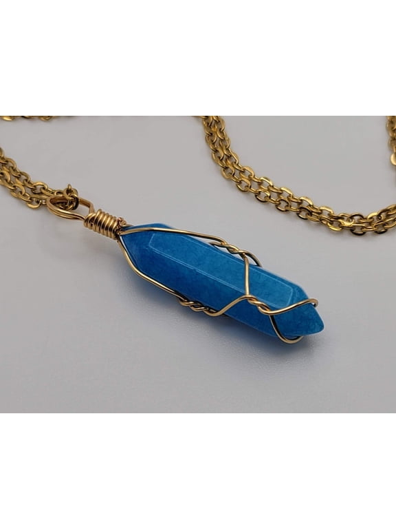 Gold tone Blue Apatite Wire wrapped Crystal Necklace