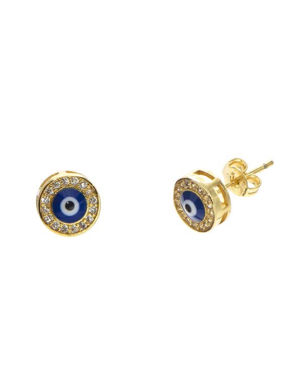 Gold-Tone CZ Evil Eye Stud Earrings, Brass, for Adults