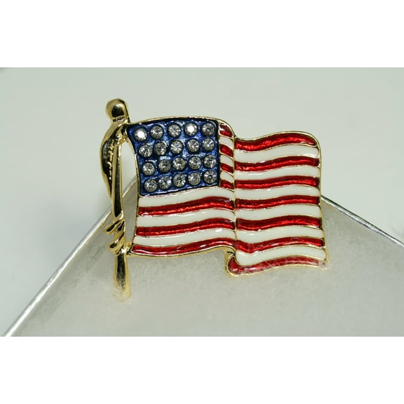 Gold-tone Enameled Rhinestone American USA Patriotic Flag 4th July Brooch Pin, Patriotic Red White Blue Jewelry Gift