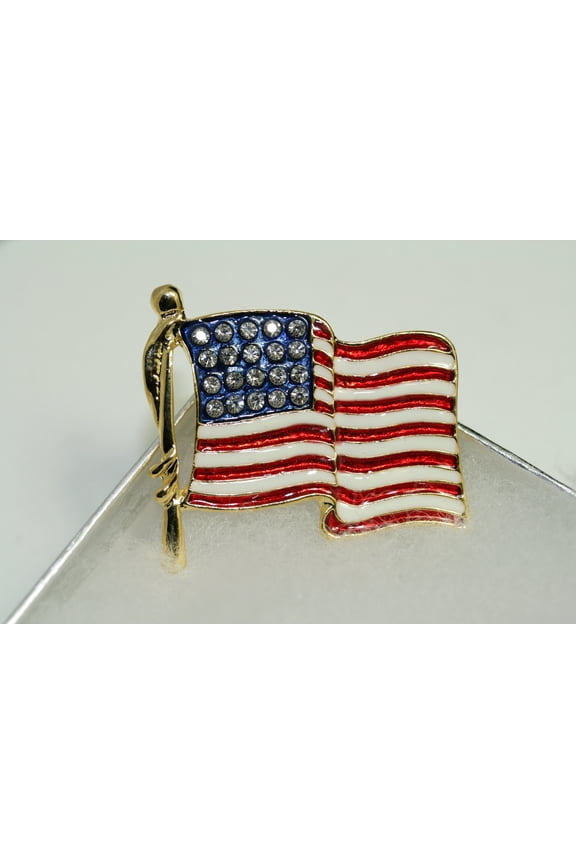 Gold-tone Enameled Rhinestone American USA Patriotic Flag 4th July Brooch Pin, Patriotic Red White Blue Jewelry Gift