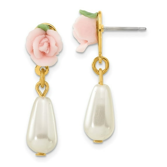 Gold tone Surgical steel post Porcelain Rose Cultura Glass Pearl Earrings Measures 26x7mm Wide - Earring for Women