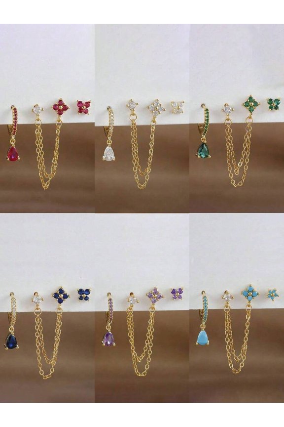 Gold white 3pcs Gold-White 3-Piece Ear Cuff Set With Chain Dangle