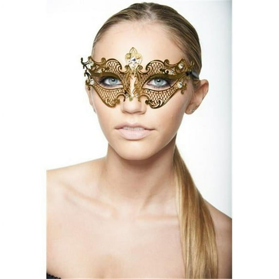 Gold with Clear Rhinestones Bendable Laser Cut Venetian Masquerade Mask - One Size