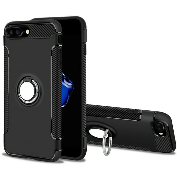GoldCherry For iPhone 8 Case, iPhone 7 Case Hard PC + Carbon Fiber Hybrid Back Cover Skin for Apple, with Ring Holder for Car Magnetic Bracket(Black)