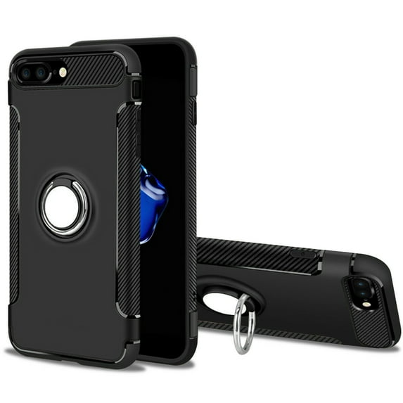 GoldCherry For iPhone 8 Case, iPhone 7 Case Hard PC + Carbon Fiber Hybrid Back Cover Skin for Apple, with Ring Holder for Car Magnetic Bracket(Black)