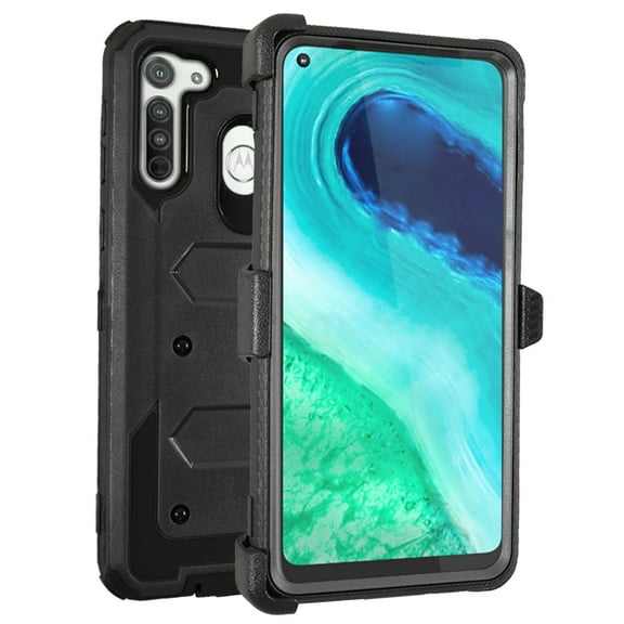 GoldCherry for Motorola G8 Case,[Built-in Screen Protector][Kickstand] Heavy Duty Rugged PC Back &Soft TPU Inner Armor Swivel Belt Clip Holster Protective Case for Motorola G8 6.4 Inch(Black)